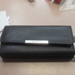 Tahari Black Leather Fold-Over Wallet with Silver Bar